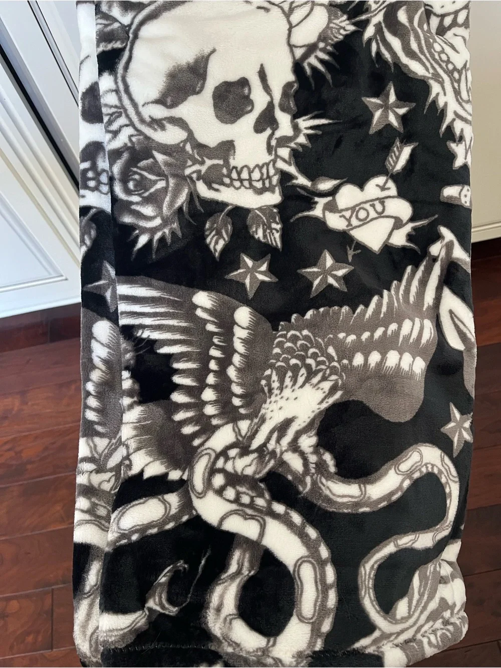 Ed Hardy Black Plush Oversized Throw Blanket with Skull Graphic